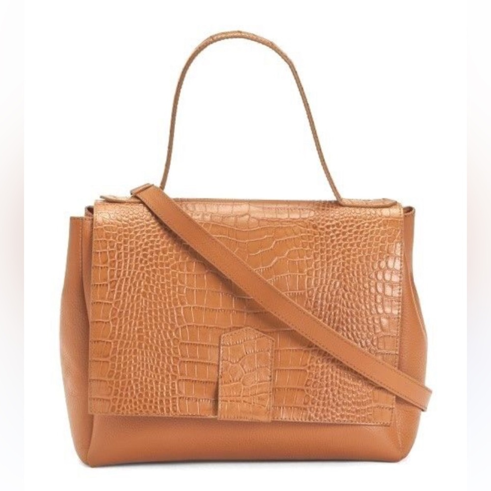 lacucci Italian Croc & Textured Honey Leather Flap Satchel Top Handle